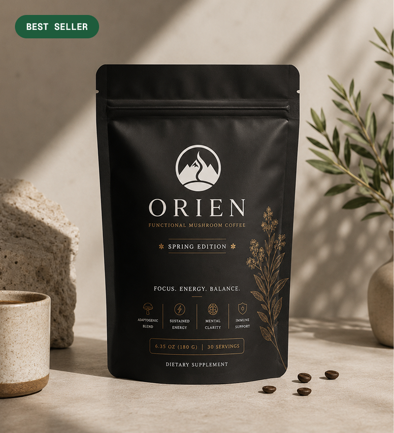 ORIEN Original Blend Coffee bag on a kitchen counter with a mug of coffee and toast